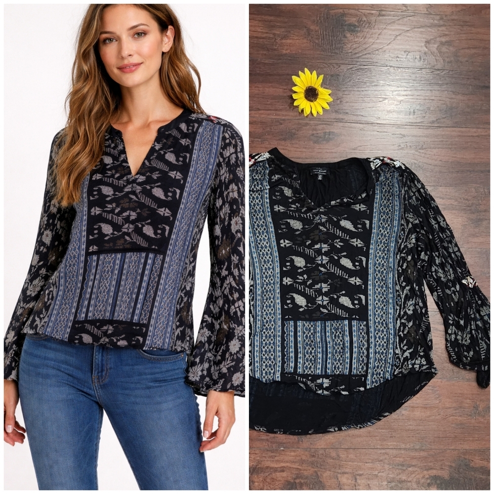 Lucky Brand Boho Tunic Long Flared Sleeve V Neck Embroidered